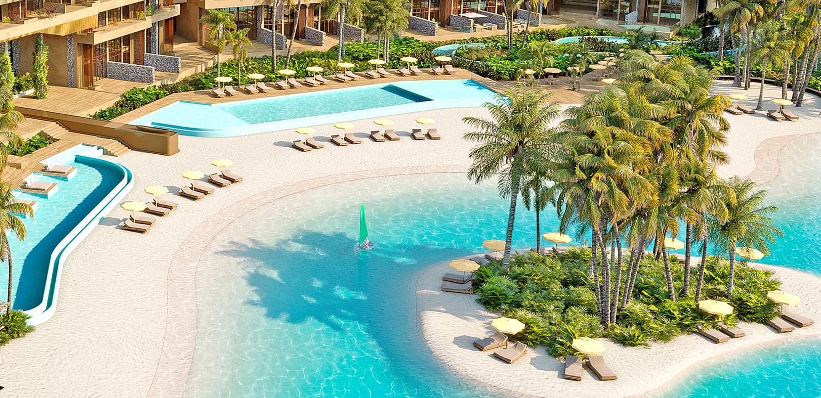 Aerial view of the infinity pools, palm island and white sand beach club